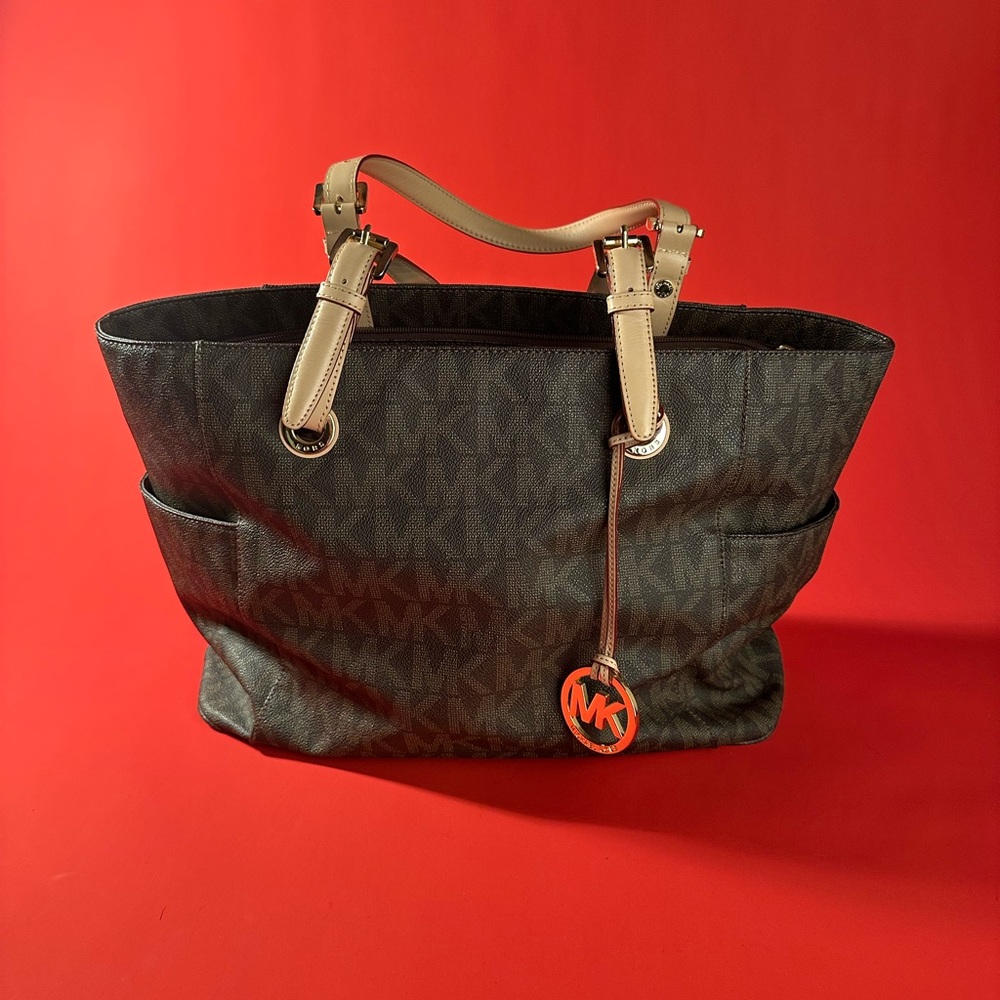 Michael Kors Black and Tan Signature Tote fits 15” laptop
